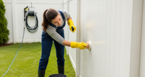 Homeowner scrubbing white vinyl fence with soft brush and soapy water