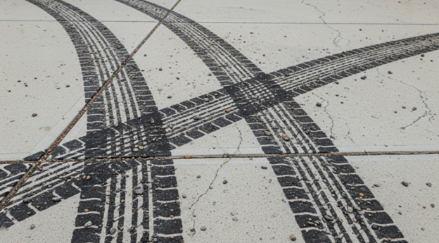 Tire marks on concrete driveway before cleaning